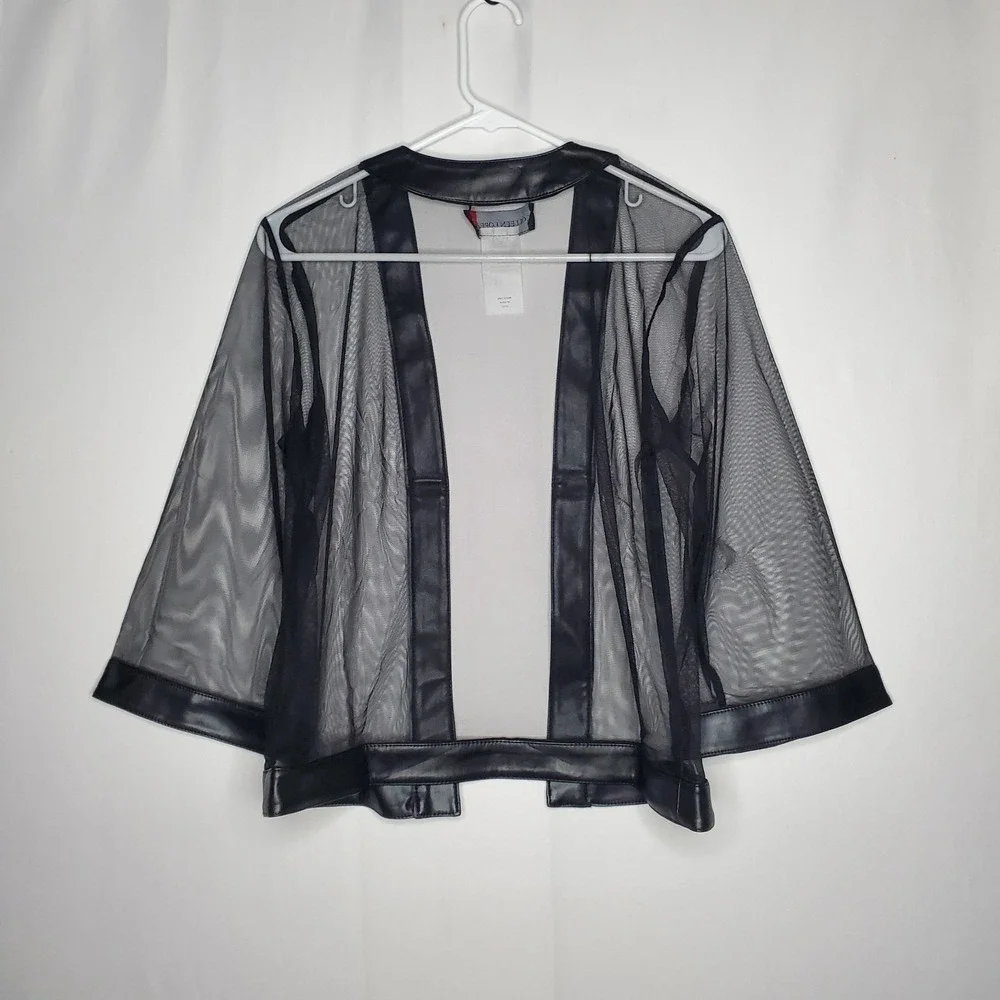 Colleen Lopez Sheer Mesh Faux‎ Leather Cardigan Small Black Edgy Artsy Witchy